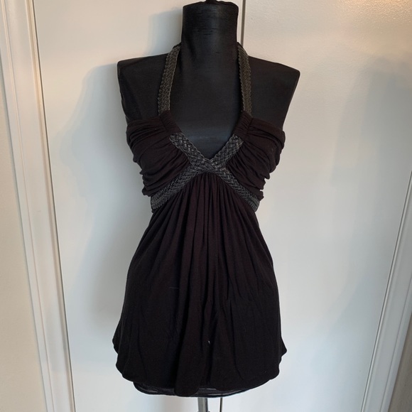 Sky Tops - Sky Black Halter Top W/black Leather Braiding Sz S Sky Tops - Sky Black Halter Top W/black Leather Braiding Sz S